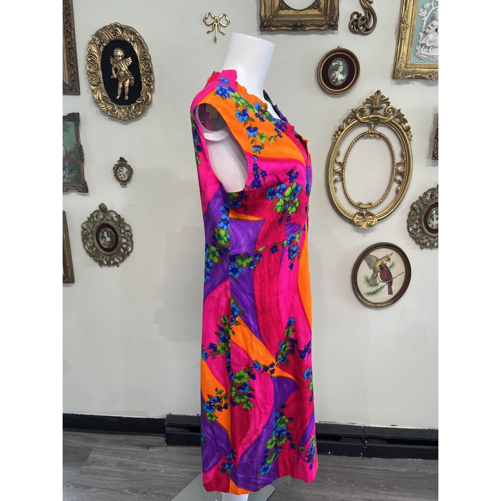 Vintage 1970s Karen Ann Made in Hawaii Neon Floral Ruffle V-Neck Midi Dress Sz L